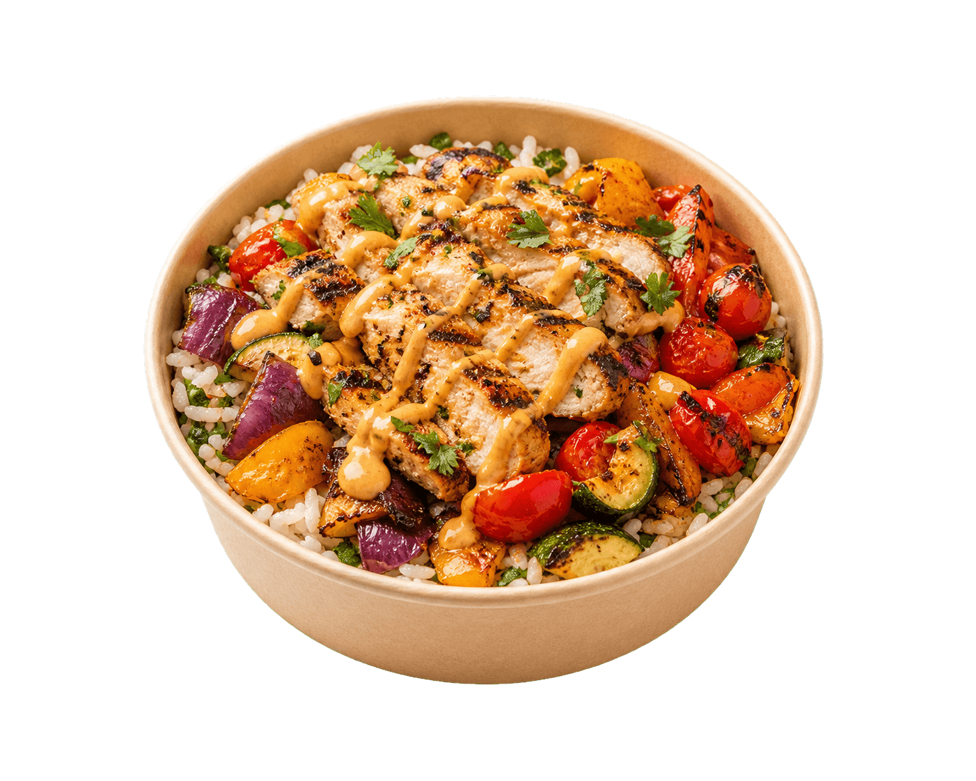 Rice bowl with grilled chicken and vegetables