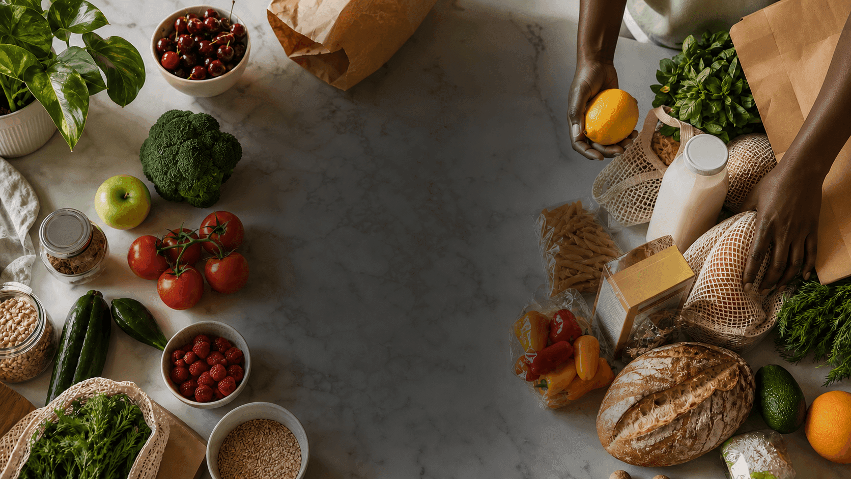 Groceries and essentials unpacked on a kitchen counter
